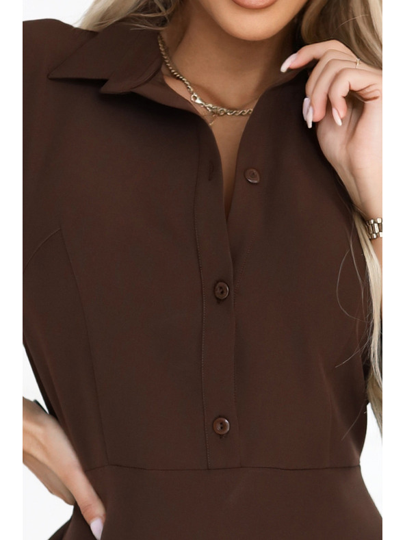 numoco SANDY Rozevláté košilové šaty s páskem - čokoládové