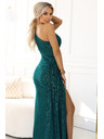 numoco SELENA třpytivé dlouhé šaty na jedno rameno s rozparkem - zelené s třpytkami