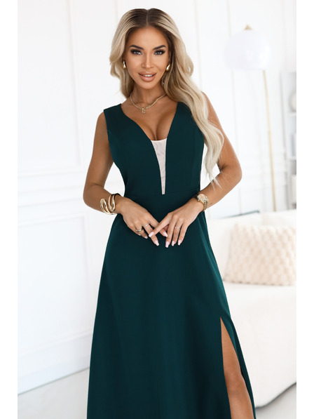 numoco Módní, postavě lichotivé maxi šaty s rozparkem na nohavici - lahvově zelené