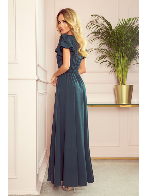 numoco LIDIA dlouhé šaty s výstřihem a volánkami - zelené