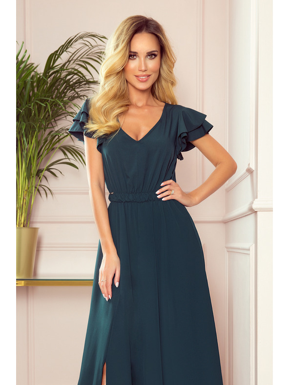 numoco LIDIA dlouhé šaty s výstřihem a volánkami - zelené