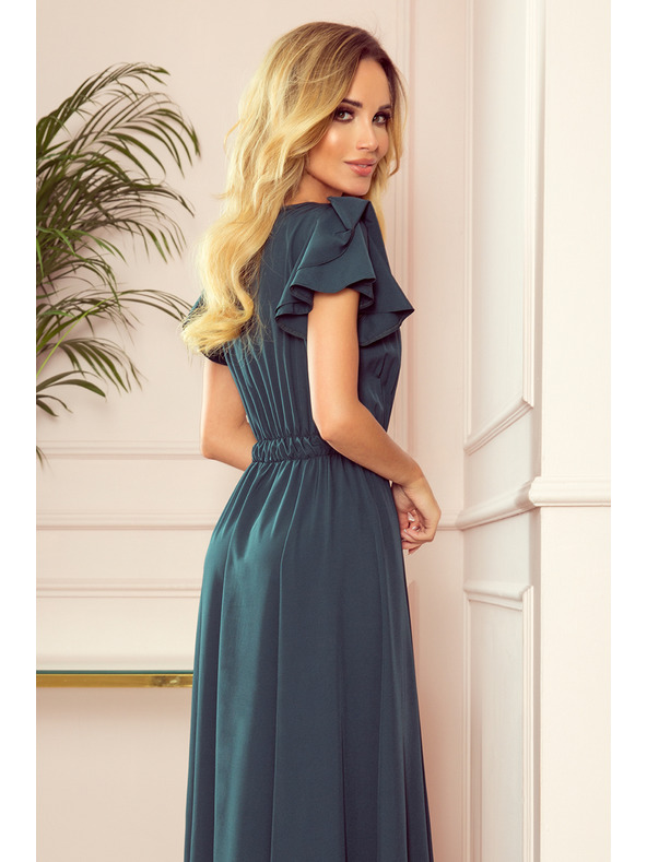 numoco LIDIA dlouhé šaty s výstřihem a volánkami - zelené