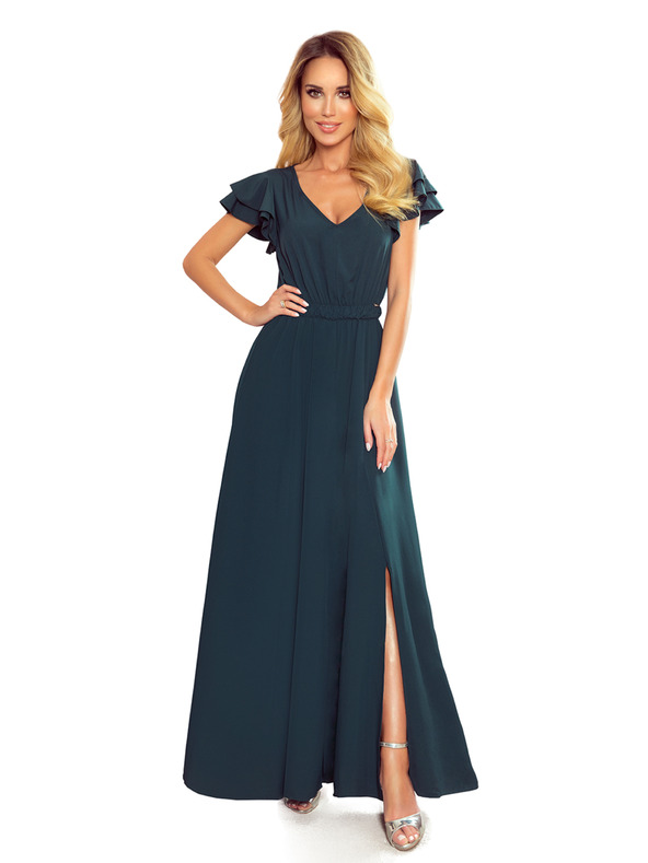 numoco LIDIA dlouhé šaty s výstřihem a volánkami - zelené