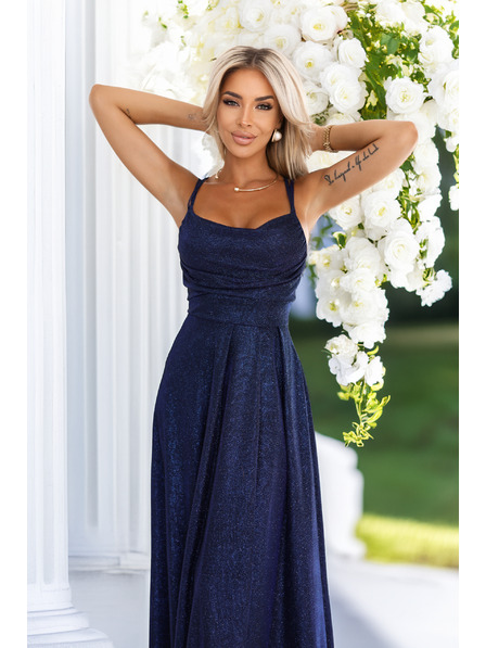 numoco Dlouhé šaty s jemným třpytem a korzetovým zavazováním na zadní straně - tmavě modré s třpytkami