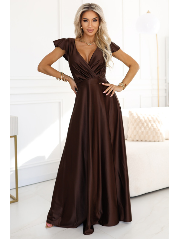 numoco CRYSTAL saténové dlouhé šaty s výstřihem - čokoládové