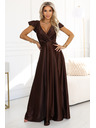 numoco CRYSTAL saténové dlouhé šaty s výstřihem - čokoládové