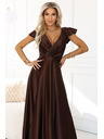 numoco CRYSTAL saténové dlouhé šaty s výstřihem - čokoládové