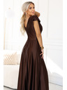 numoco CRYSTAL saténové dlouhé šaty s výstřihem - čokoládové