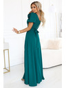 numoco Elegantní dlouhé společenské šaty s květinou, páskem a vysokým rozparkem - lahvově zelená