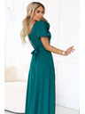 numoco Elegantní dlouhé společenské šaty s květinou, páskem a vysokým rozparkem - lahvově zelená