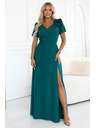 numoco Elegantní dlouhé společenské šaty s květinou, páskem a vysokým rozparkem - lahvově zelená