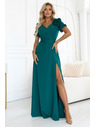 numoco Elegantní dlouhé společenské šaty s květinou, páskem a vysokým rozparkem - lahvově zelená