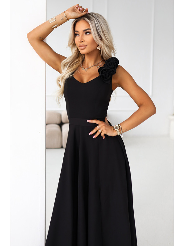 numoco Elegantní maxi večerní šaty s rozparkem a růžemi - klasická černá