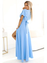 numoco JENNIFER dlouhé šaty s rozparkem na nohavicích, rukávem a výstřihem - světle modré