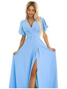 numoco JENNIFER dlouhé šaty s rozparkem na nohavicích, rukávem a výstřihem - světle modré