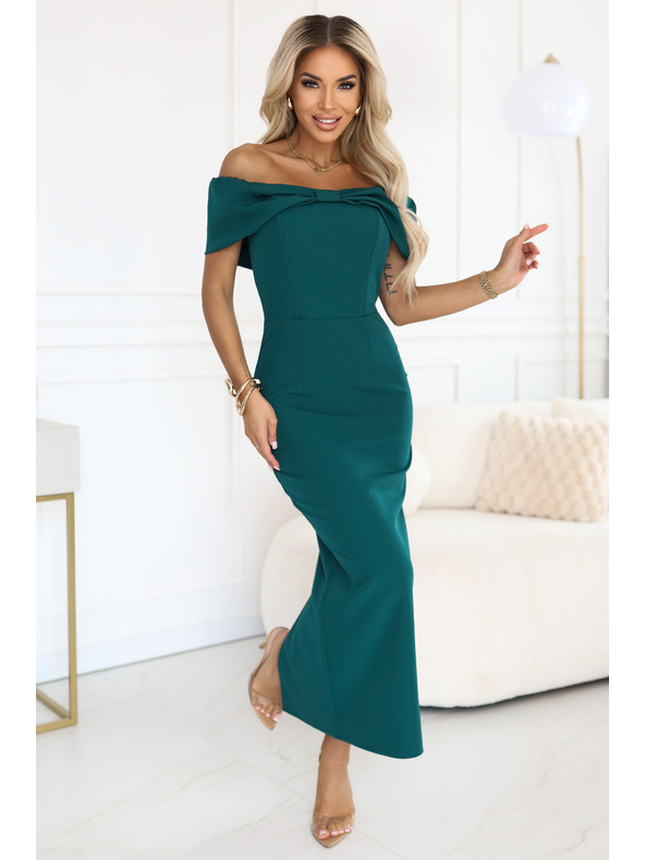 numoco Smyslné midi šaty s mašlí u výstřihu - lahvově zelené