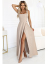 numoco AURELIA dlouhé šaty s rozparkem a diamantovým výstřihem - béžové s třpytkami