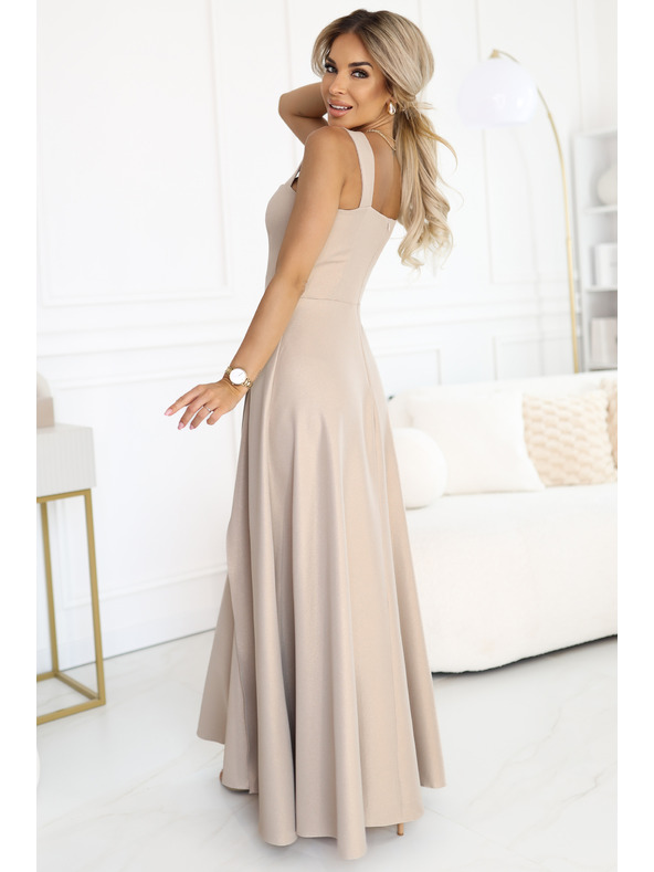 numoco AURELIA dlouhé šaty s rozparkem a diamantovým výstřihem - béžové s třpytkami
