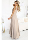 numoco AURELIA dlouhé šaty s rozparkem a diamantovým výstřihem - béžové s třpytkami