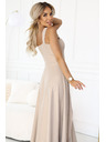 numoco AURELIA dlouhé šaty s rozparkem a diamantovým výstřihem - béžové s třpytkami