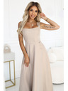 numoco AURELIA dlouhé šaty s rozparkem a diamantovým výstřihem - béžové s třpytkami