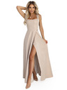 numoco AURELIA dlouhé šaty s rozparkem a diamantovým výstřihem - béžové s třpytkami