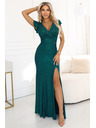 numoco IRINA Oslnivé dlouhé šaty s brokátem, výstřihem do V a rozparkem na nohavici - lahvově zelené