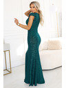 numoco IRINA Oslnivé dlouhé šaty s brokátem, výstřihem do V a rozparkem na nohavici - lahvově zelené