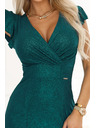 numoco IRINA Oslnivé dlouhé šaty s brokátem, výstřihem do V a rozparkem na nohavici - lahvově zelené