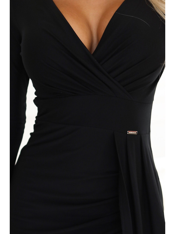 numoco Elegantní dlouhé šaty s zavinovacím výstřihem a rozparkem - černé