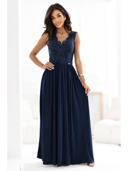 numoco LEA Dlouhé elegantní maxi šaty s krajkovým vrškem a rozparkem na nohavici - tmavě modré