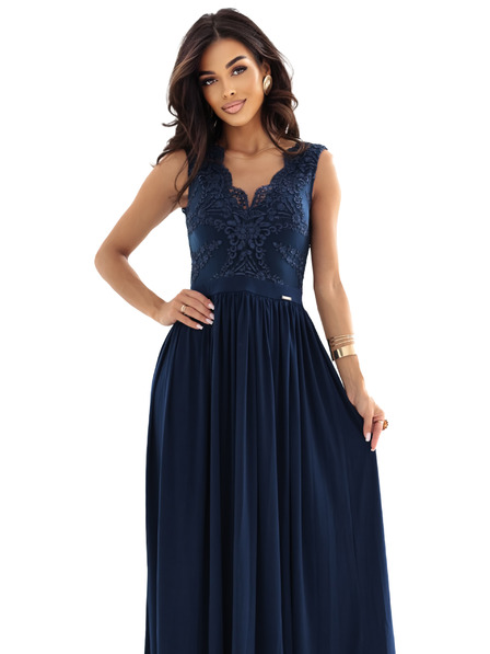 numoco LEA Dlouhé elegantní maxi šaty s krajkovým vrškem a rozparkem na nohavici - tmavě modré