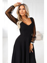 numoco LORETTA unikátní dlouhé šaty s tylovými rukávy a výstřihem - černé