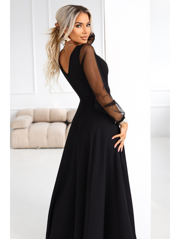 numoco LORETTA unikátní dlouhé šaty s tylovými rukávy a výstřihem - černé