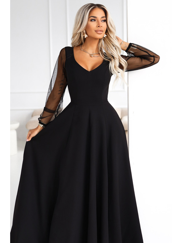 numoco LORETTA unikátní dlouhé šaty s tylovými rukávy a výstřihem - černé