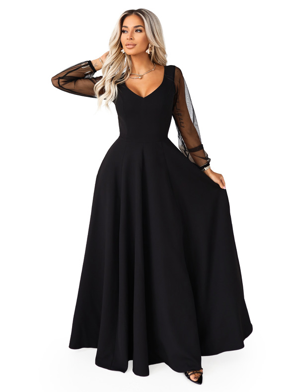 numoco LORETTA unikátní dlouhé šaty s tylovými rukávy a výstřihem - černé