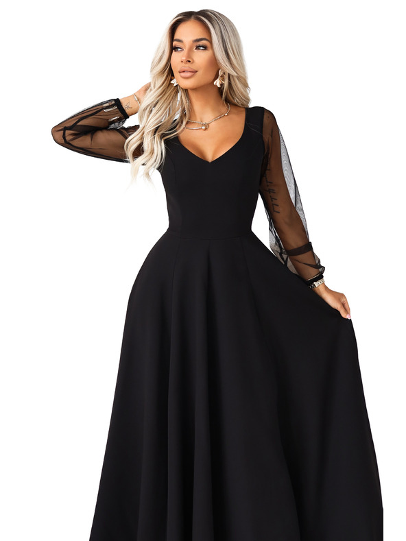 numoco LORETTA unikátní dlouhé šaty s tylovými rukávy a výstřihem - černé