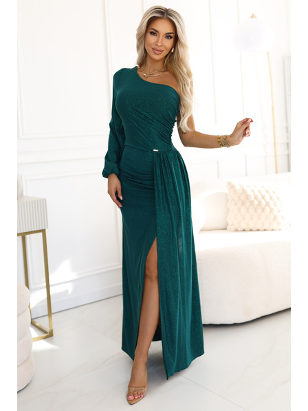 numoco Třpytivé maxi šaty na jedno rameno s asymetrickými rukávy a rozparkem - lahvově zelené