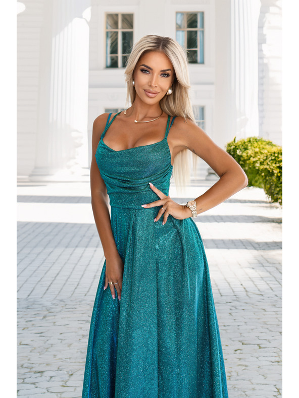 numoco Dlouhé šaty s jemným třpytem a korzetovým zavazováním na zadní straně - zelené s třpytkami