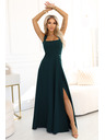 numoco AURELIA dlouhé šaty s rozparkem na nohavici a diamantovým výstřihem - lahvově zelené