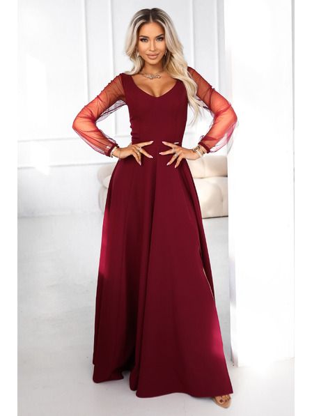 numoco LORETTA unikátní dlouhé šaty s tylovými rukávy a výstřihem - vínové