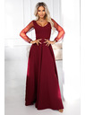 numoco LORETTA unikátní dlouhé šaty s tylovými rukávy a výstřihem - vínové