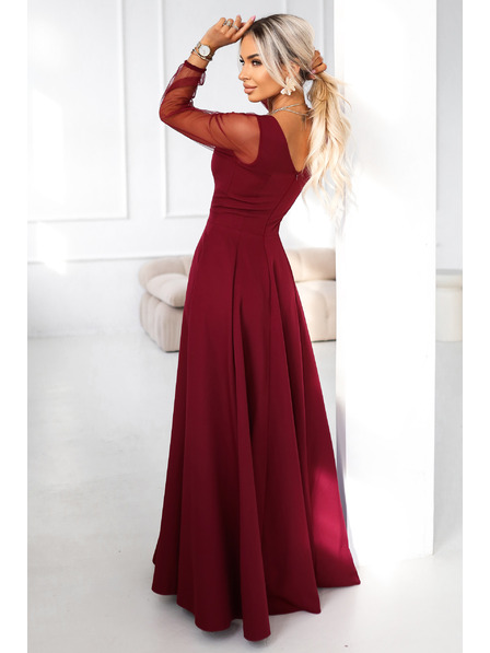 numoco LORETTA unikátní dlouhé šaty s tylovými rukávy a výstřihem - vínové