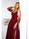 numoco LORETTA unikátní dlouhé šaty s tylovými rukávy a výstřihem - vínové
