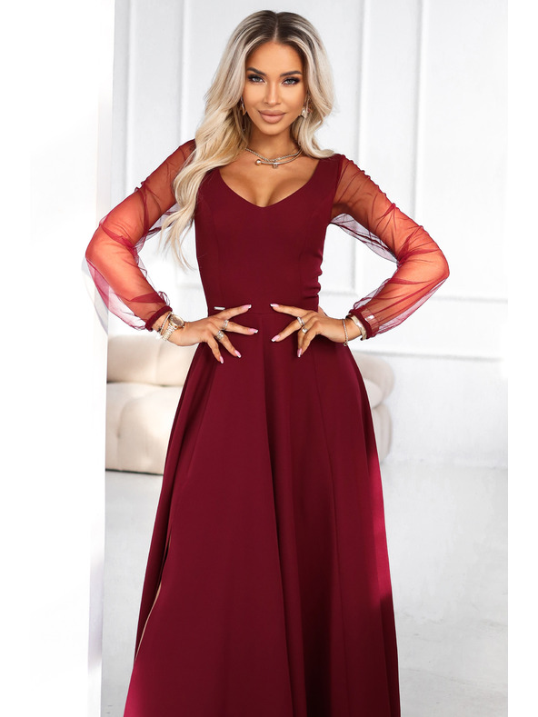 numoco LORETTA unikátní dlouhé šaty s tylovými rukávy a výstřihem - vínové