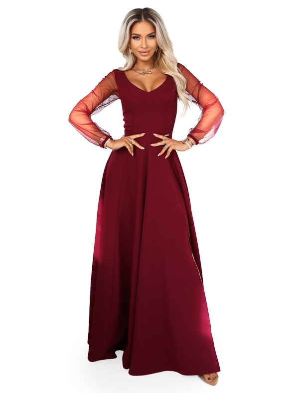 numoco LORETTA unikátní dlouhé šaty s tylovými rukávy a výstřihem - vínové
