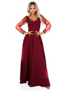 numoco LORETTA unikátní dlouhé šaty s tylovými rukávy a výstřihem - vínové