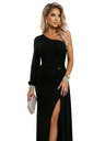 numoco Třpytivé maxi šaty na jedno rameno s asymetrickými rukávy a rozparkem - černé