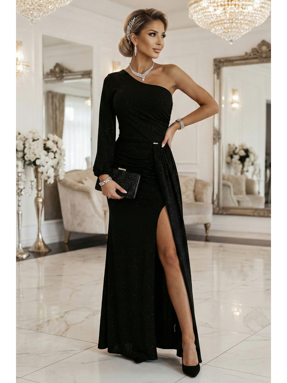 numoco Třpytivé maxi šaty na jedno rameno s asymetrickými rukávy a rozparkem - černé