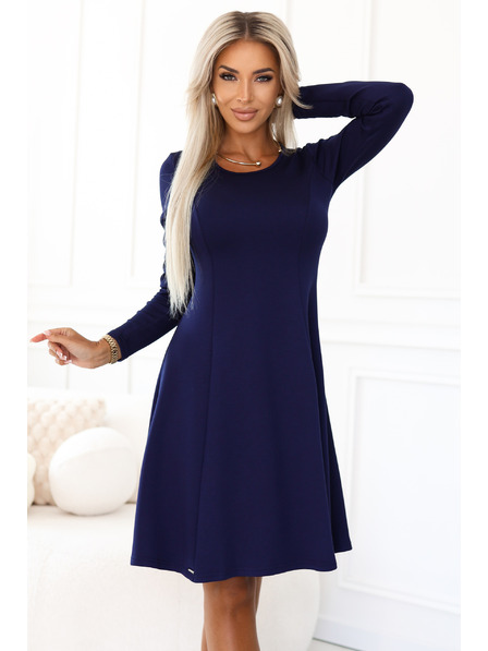 numoco Pohodlné trapézové šaty s dlouhým rukávem - tmavě modré